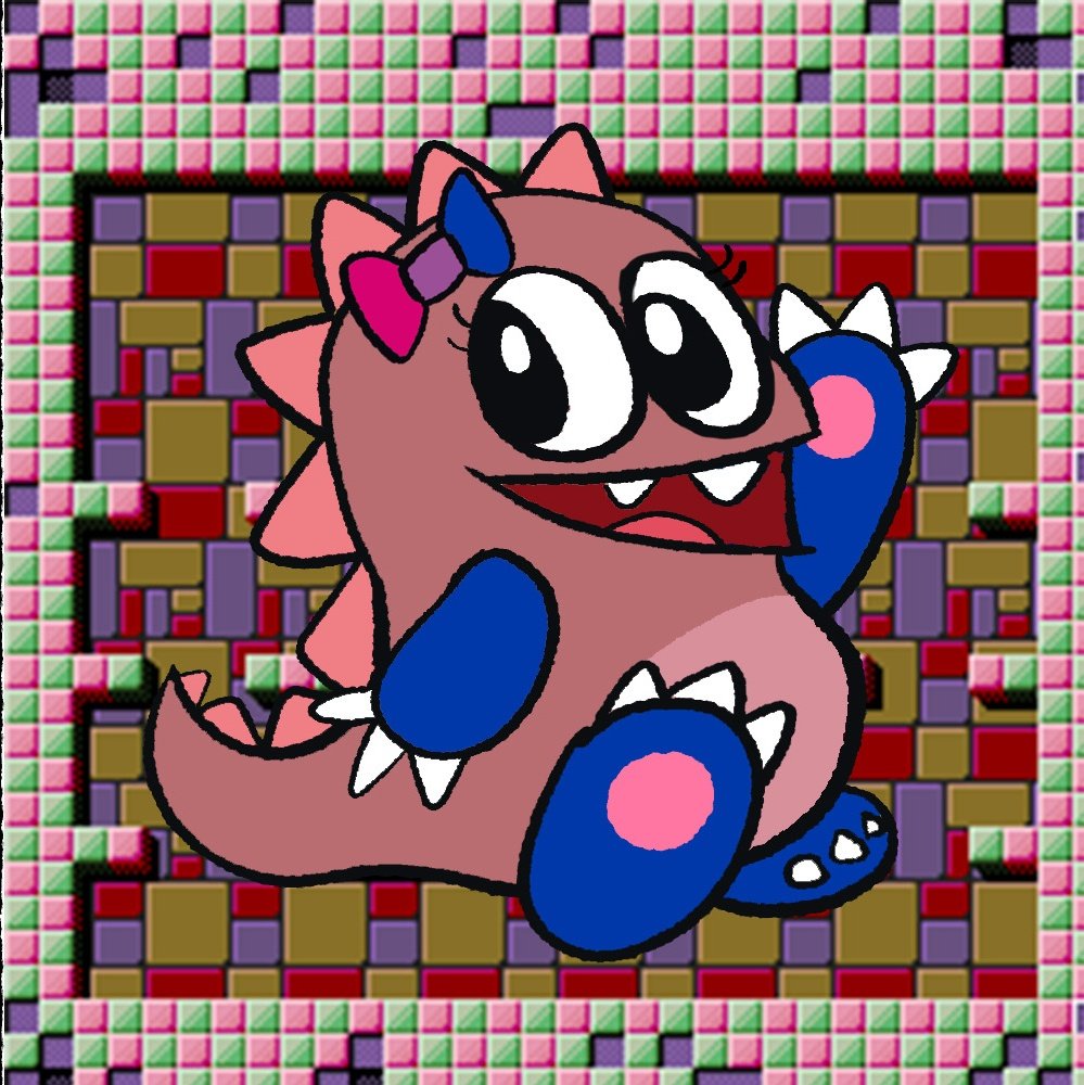 An Original Bubble Dragon with Magenta skin, short Blue Arms, and pink scales, wearing a bow that resembles the Bisexual Flag.